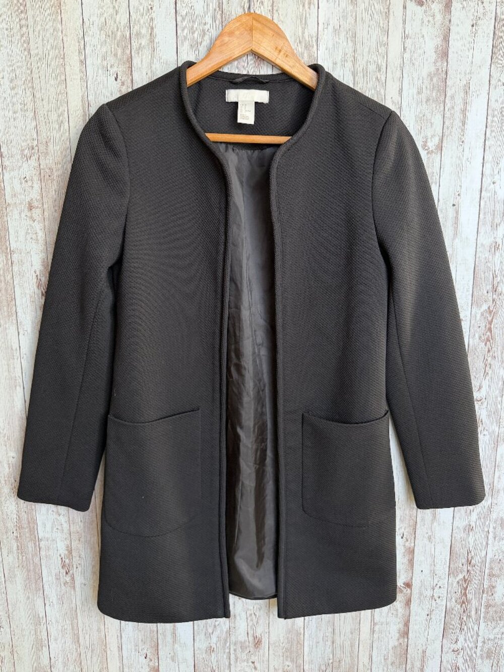 H&M Longline Black Waffle Coat Blazer sz 2 Textured Pockets Lined Jacket Career